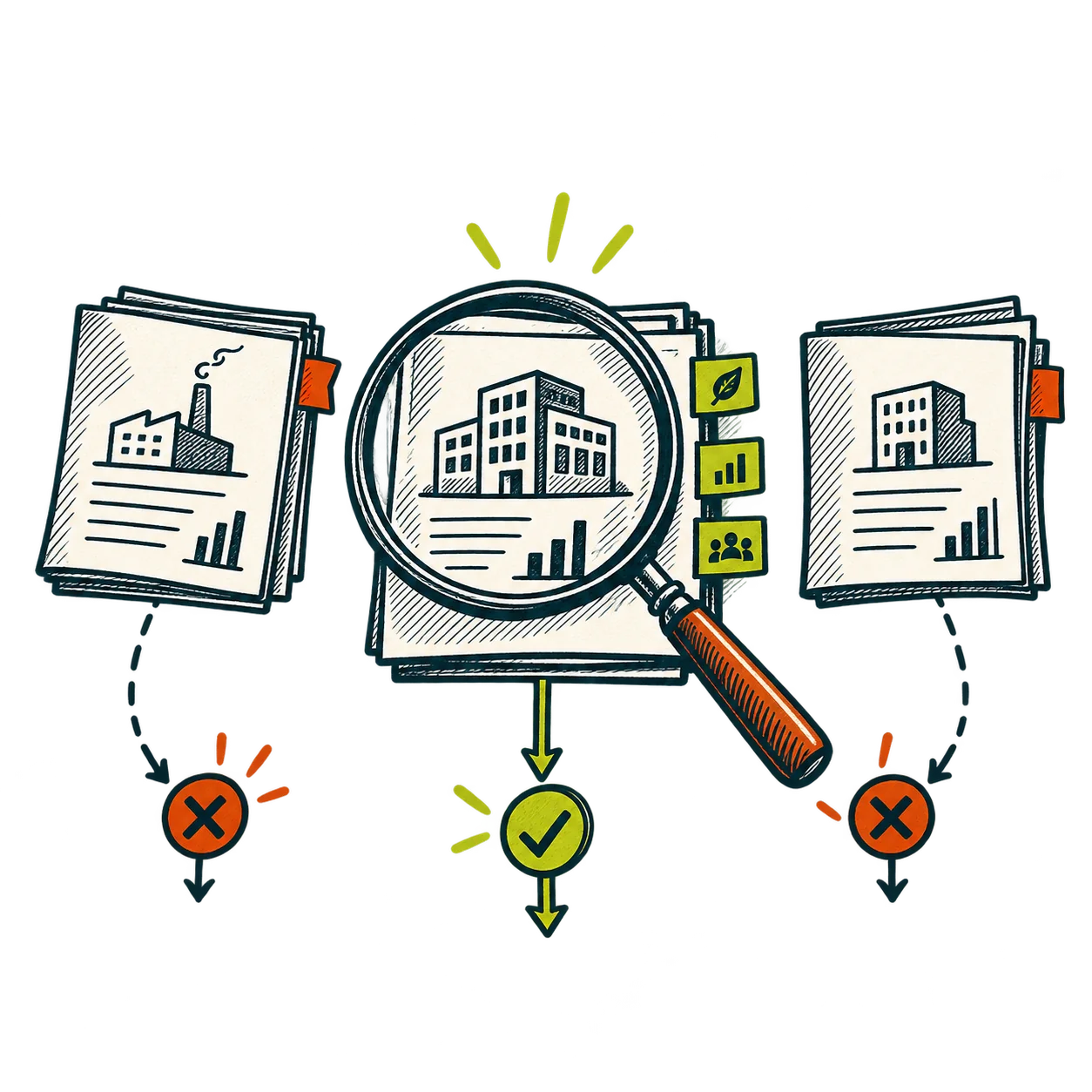 A magnifying glass examines business dossiers along a selective search path.