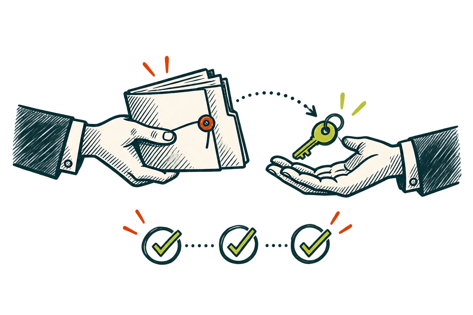 Hands pass a business folder and key across an orderly ownership handoff.