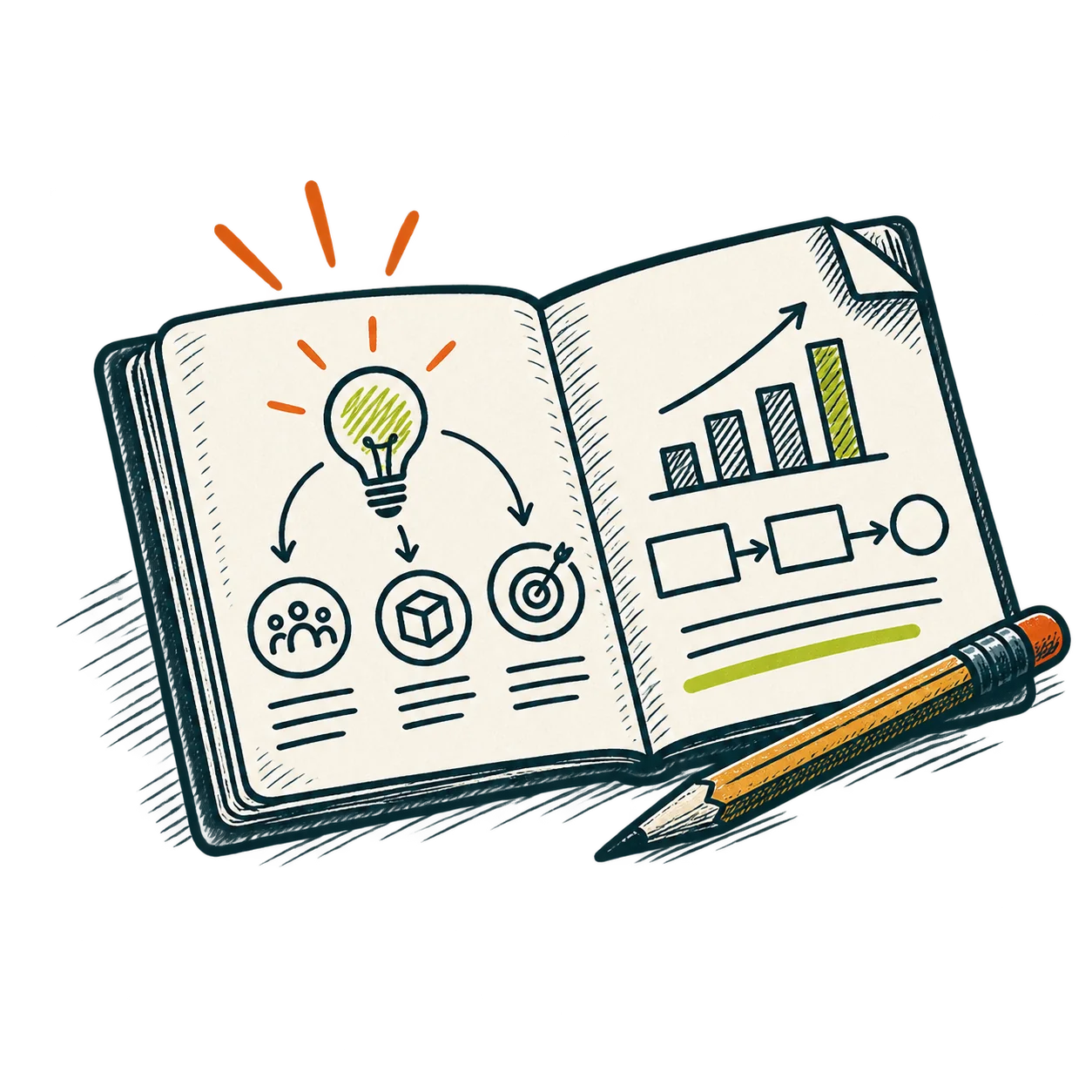 An open field notebook records a business-model sketch and observations.