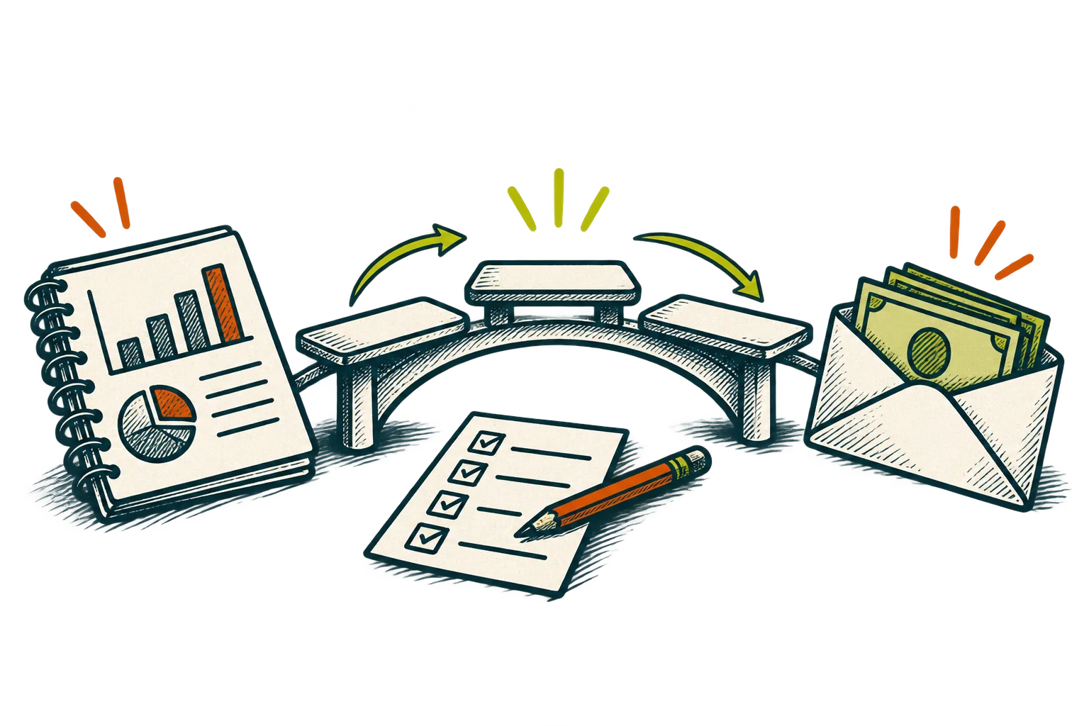 A sketched bridge connects business earnings with the cash an owner may receive.